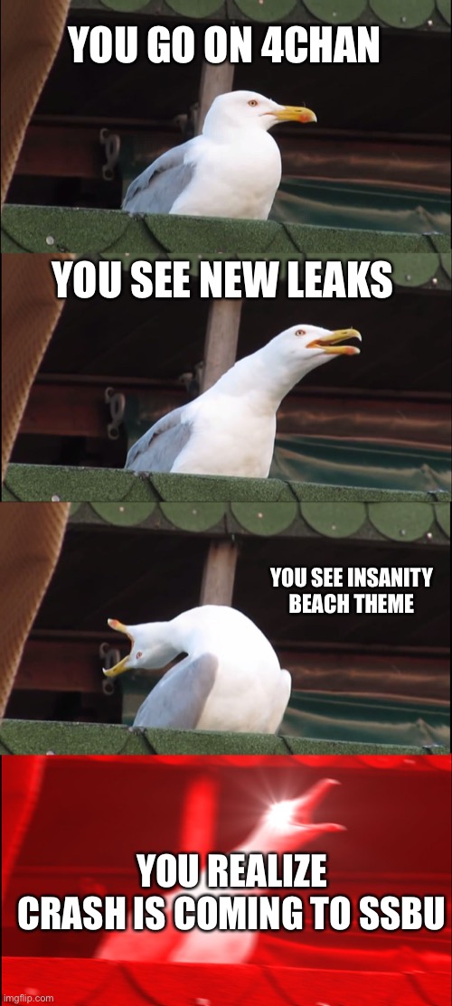 Crash Leaks found | YOU GO ON 4CHAN; YOU SEE NEW LEAKS; YOU SEE INSANITY BEACH THEME; YOU REALIZE CRASH IS COMING TO SSBU | image tagged in memes,inhaling seagull | made w/ Imgflip meme maker