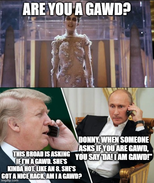 ARE YOU A GAWD? THIS BROAD IS ASKING IF I'M A GAWD. SHE'S KINDA HOT. LIKE AN 8. SHE'S GOT A NICE RACK. AM I A GAWD? DONNY, WHEN SOMEONE ASKS | image tagged in gozer,putin/trump phone call | made w/ Imgflip meme maker