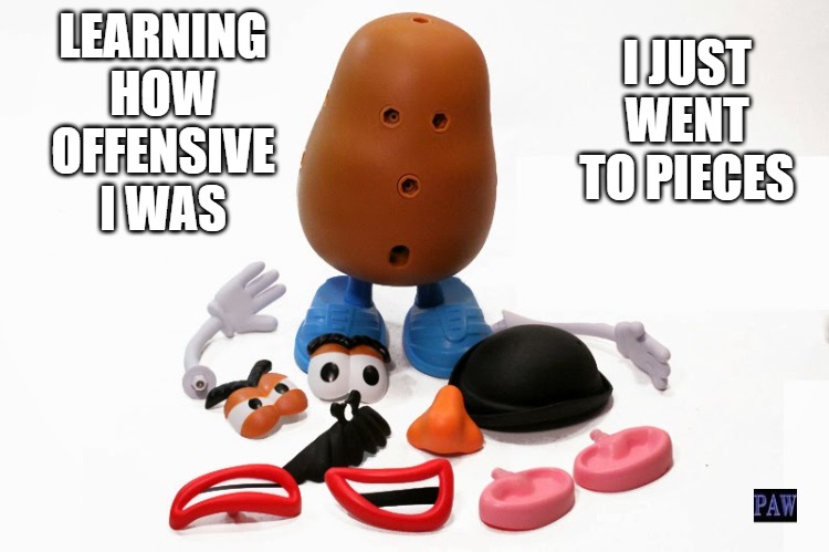 Mr. Potato Head | I JUST WENT TO PIECES; LEARNING HOW OFFENSIVE I WAS | image tagged in funny,offensive,potato head | made w/ Imgflip meme maker