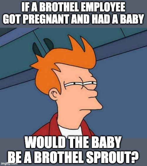 Sprouts | IF A BROTHEL EMPLOYEE GOT PREGNANT AND HAD A BABY; WOULD THE BABY BE A BROTHEL SPROUT? | image tagged in memes,futurama fry | made w/ Imgflip meme maker