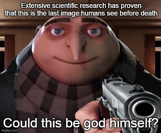 Worst meme I ever made | Extensive scientific research has proven that this is the last image humans see before death; Could this be god himself? | image tagged in gru gun | made w/ Imgflip meme maker