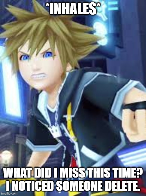 sora angry | *INHALES*; WHAT DID I MISS THIS TIME?
I NOTICED SOMEONE DELETE. | image tagged in sora angry | made w/ Imgflip meme maker