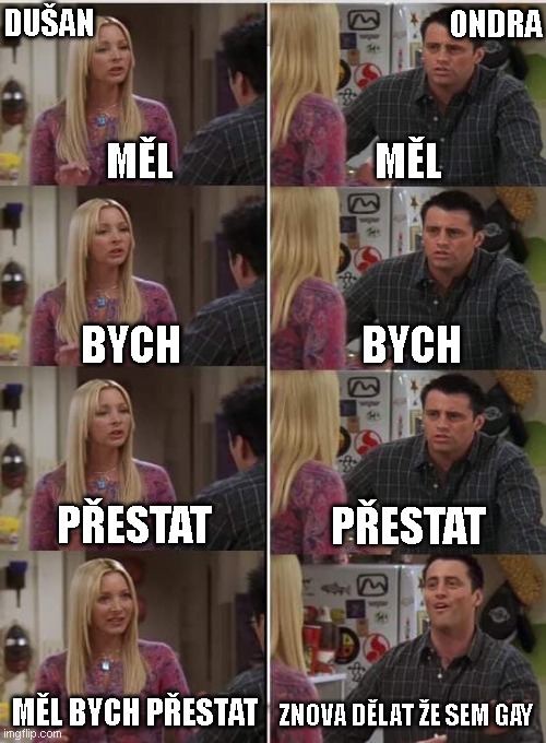 Phoebe Joey | DUŠAN; ONDRA; MĚL; MĚL; BYCH; BYCH; PŘESTAT; PŘESTAT; MĚL BYCH PŘESTAT; ZNOVA DĚLAT ŽE SEM GAY | image tagged in phoebe joey | made w/ Imgflip meme maker