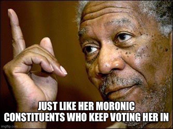 This Morgan Freeman | JUST LIKE HER MORONIC CONSTITUENTS WHO KEEP VOTING HER IN | image tagged in this morgan freeman | made w/ Imgflip meme maker