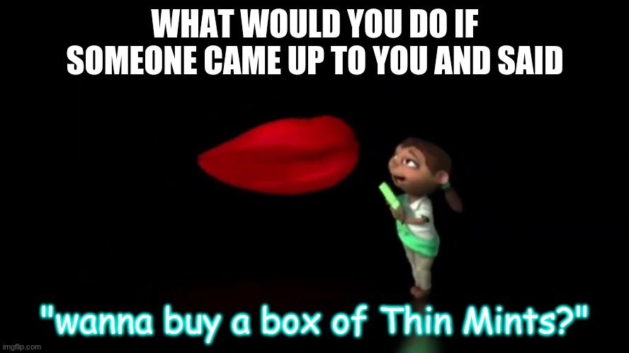 WHAT WOULD YOU DO IF SOMEONE CAME UP TO YOU AND SAID; "wanna buy a box of Thin Mints?" | made w/ Imgflip meme maker