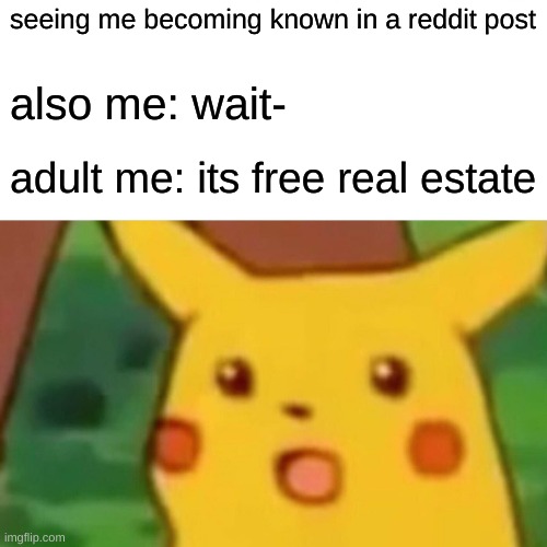 Surprised Pikachu Meme | seeing me becoming known in a reddit post; also me: wait-; adult me: its free real estate | image tagged in memes,surprised pikachu | made w/ Imgflip meme maker
