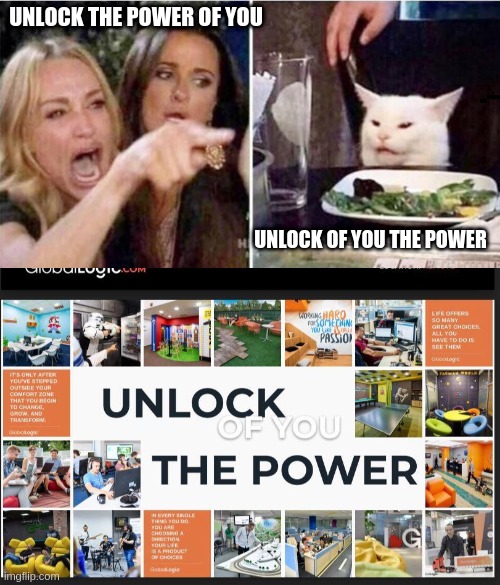 GlobalLogic |  UNLOCK THE POWER OF YOU; UNLOCK OF YOU THE POWER | image tagged in crying girls and cat | made w/ Imgflip meme maker