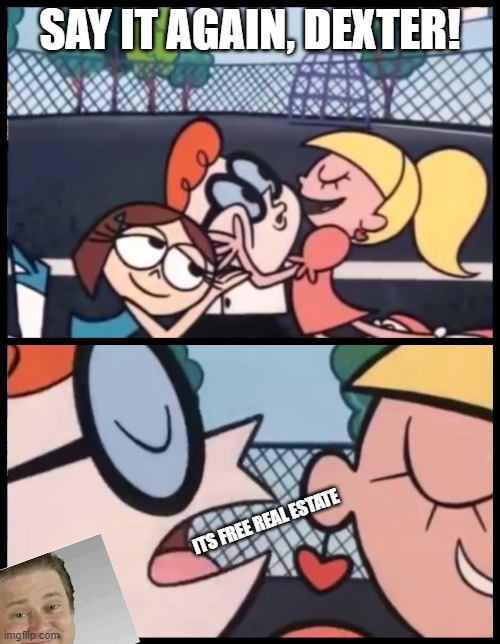 It's old, but... | SAY IT AGAIN, DEXTER! ITS FREE REAL ESTATE | image tagged in memes,say it again dexter,funny memes,it's free real estate,throwback,ironic | made w/ Imgflip meme maker