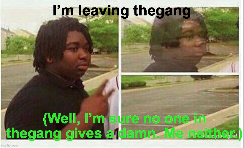 Black guy disappearing | I’m leaving thegang; (Well, I’m sure no one in thegang gives a damn. Me neither.) | image tagged in black guy disappearing,thegang,bye | made w/ Imgflip meme maker