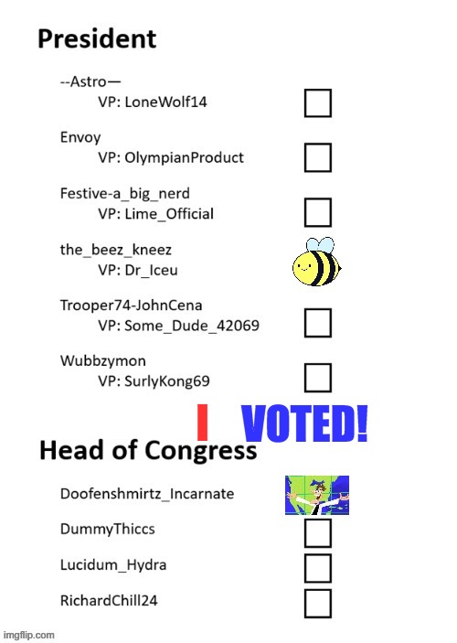 Vote for beez and Doofenshmirtz | VOTED! I | image tagged in vote for beez and doofenshmirtz | made w/ Imgflip meme maker