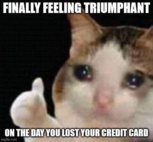 Approved crying cat | FINALLY FEELING TRIUMPHANT; ON THE DAY YOU LOST YOUR CREDIT CARD | image tagged in approved crying cat | made w/ Imgflip meme maker