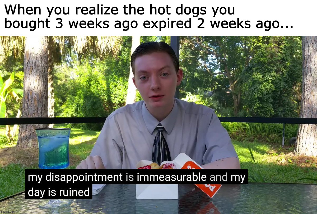 Must be why they were on sale... *sigh* | When you realize the hot dogs you bought 3 weeks ago expired 2 weeks ago... | image tagged in my disappointment is immeasurable,hot dogs,memes | made w/ Imgflip meme maker