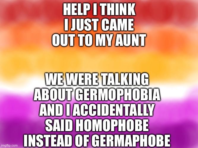 HELP I THINK I JUST CAME OUT TO MY AUNT; WE WERE TALKING ABOUT GERMOPHOBIA AND I ACCIDENTALLY SAID HOMOPHOBE INSTEAD OF GERMAPHOBE | made w/ Imgflip meme maker