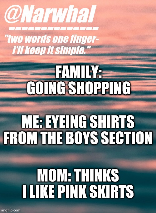 just came back from the mall- shopping isn't fun. its just. not. fun. | FAMILY: GOING SHOPPING; ME: EYEING SHIRTS FROM THE BOYS SECTION; MOM: THINKS I LIKE PINK SKIRTS | image tagged in narwhal announcement temp | made w/ Imgflip meme maker