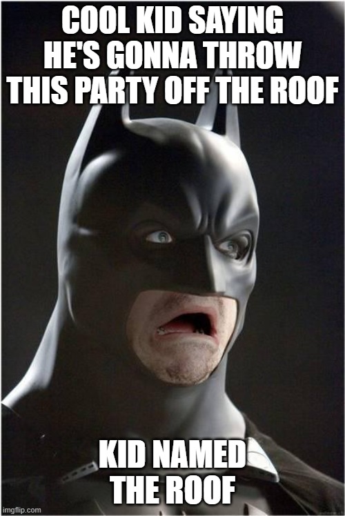 Batman Scared | COOL KID SAYING HE'S GONNA THROW THIS PARTY OFF THE ROOF; KID NAMED THE ROOF | image tagged in batman scared | made w/ Imgflip meme maker
