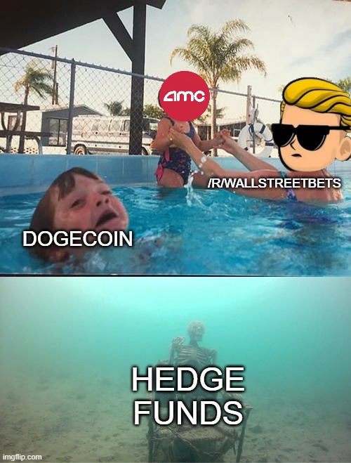 Current events | /R/WALLSTREETBETS; DOGECOIN; HEDGE FUNDS | image tagged in mother ignoring kid drowning in a pool,amc,gme,wallstreetbets,dogecoin | made w/ Imgflip meme maker