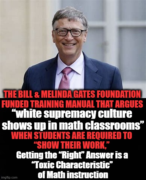 What is the Matter with You Silly People? | THE BILL & MELINDA GATES FOUNDATION 
FUNDED TRAINING MANUAL THAT ARGUES; “white supremacy culture 
shows up in math classrooms”; WHEN STUDENTS ARE REQUIRED TO
“SHOW THEIR WORK,”; Getting the “Right” Answer is a 
“Toxic Characteristic” 
of Math instruction | image tagged in politics,democrats,bill gates,leftists | made w/ Imgflip meme maker