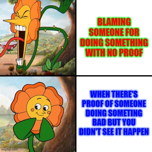 Teacher's brain = 0 IQ | BLAMING SOMEONE FOR DOING SOMETHING WITH NO PROOF; WHEN THERE'S PROOF OF SOMEONE DOING SOMETING BAD BUT YOU DIDN'T SEE IT HAPPEN | image tagged in angry flower | made w/ Imgflip meme maker