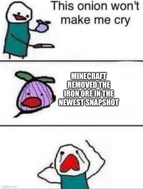 RIP Iron Ore :( | MINECRAFT REMOVED THE IRON ORE IN THE NEWEST SNAPSHOT | image tagged in this onion wont make me cry,memes,minecraft | made w/ Imgflip meme maker