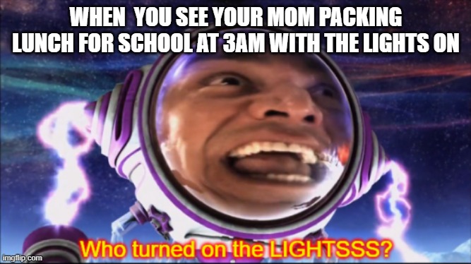 Who Turned on the Lights? | WHEN  YOU SEE YOUR MOM PACKING LUNCH FOR SCHOOL AT 3AM WITH THE LIGHTS ON | image tagged in who turned on the lights | made w/ Imgflip meme maker