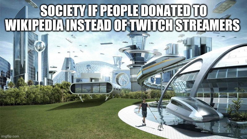 Twitch breaks the rules | SOCIETY IF PEOPLE DONATED TO WIKIPEDIA INSTEAD OF TWITCH STREAMERS | image tagged in the future world if | made w/ Imgflip meme maker