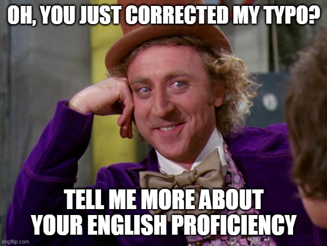 meme | OH, YOU JUST CORRECTED MY TYPO? TELL ME MORE ABOUT YOUR ENGLISH PROFICIENCY | image tagged in charlie-chocolate-factory | made w/ Imgflip meme maker