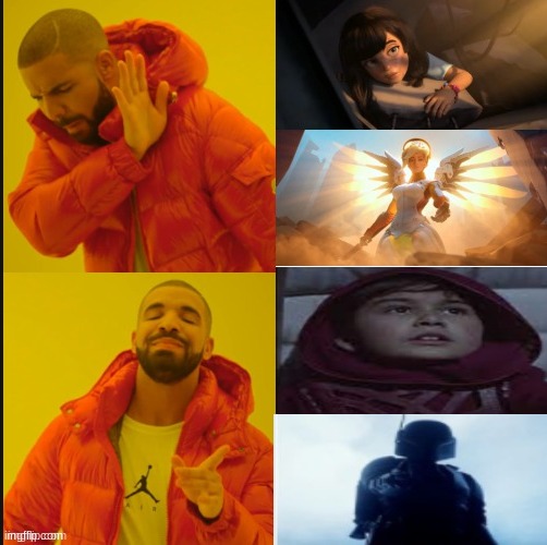 Y'all have seen the OverWatch template, but here's a Din Djarin version. I actually made this up myself!! | image tagged in the mandalorian,overwatch,drake hotline bling | made w/ Imgflip meme maker