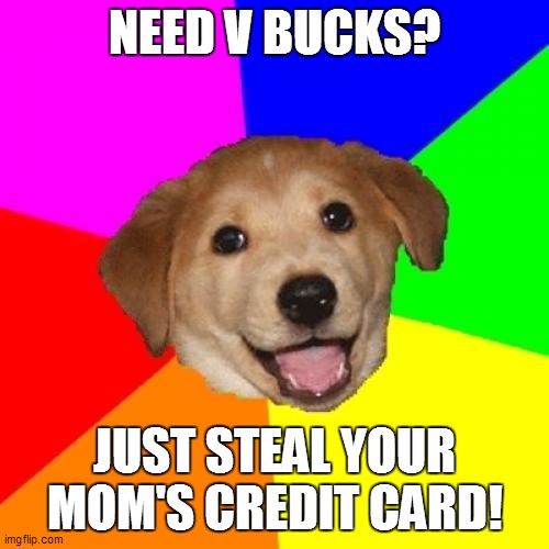 How 2 get fre v bUcks 100% WORKS | NEED V BUCKS? JUST STEAL YOUR MOM'S CREDIT CARD! | image tagged in memes,dogs,fortnite | made w/ Imgflip meme maker