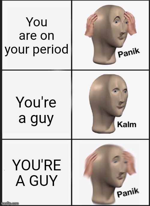 Panik Kalm Panik | You are on your period; You're a guy; YOU'RE A GUY | image tagged in memes,panik kalm panik | made w/ Imgflip meme maker