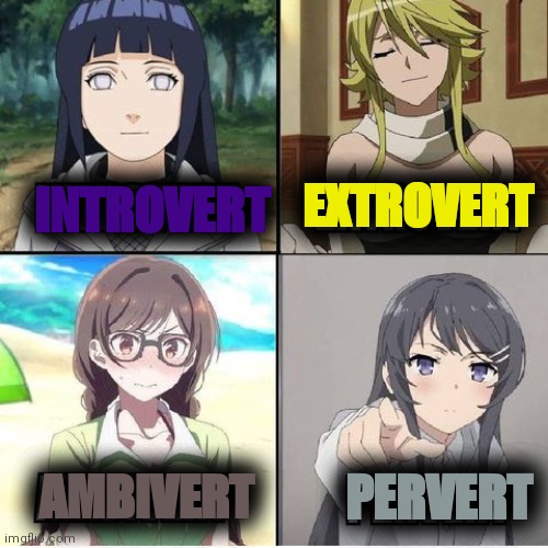 Guilty as charged | EXTROVERT; INTROVERT; AMBIVERT; PERVERT | image tagged in anime,anime meme,animeme,pervert | made w/ Imgflip meme maker