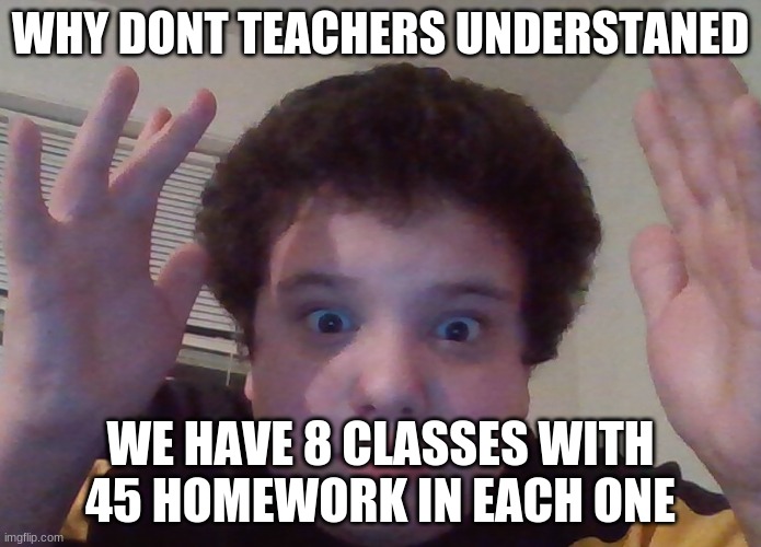 teachers dont under staned | WHY DONT TEACHERS UNDERSTANED; WE HAVE 8 CLASSES WITH 45 HOMEWORK IN EACH ONE | made w/ Imgflip meme maker