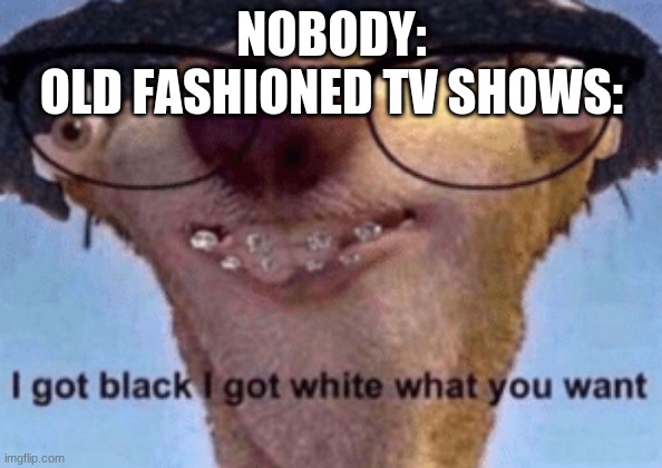I got black I got white what ya want | NOBODY:
OLD FASHIONED TV SHOWS: | image tagged in i got black i got white what ya want | made w/ Imgflip meme maker