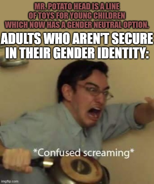 Those who are offended need to be honest with themselves | MR. POTATO HEAD IS A LINE OF TOYS FOR YOUNG CHILDREN WHICH NOW HAS A GENDER NEUTRAL OPTION. ADULTS WHO AREN'T SECURE IN THEIR GENDER IDENTITY: | image tagged in confused screaming,mr potato head,gender identity,denial | made w/ Imgflip meme maker