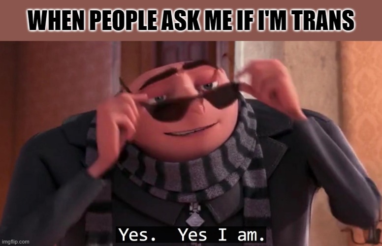 When people asks if I?m trans | WHEN PEOPLE ASK ME IF I'M TRANS | image tagged in gru yes yes i am | made w/ Imgflip meme maker