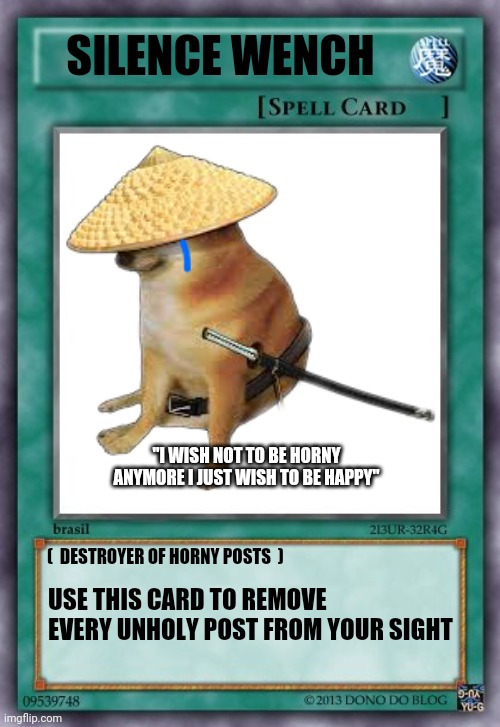 Yugioh Carta | SILENCE WENCH; "I WISH NOT TO BE HORNY ANYMORE I JUST WISH TO BE HAPPY"; (  DESTROYER OF HORNY POSTS  ); USE THIS CARD TO REMOVE EVERY UNHOLY POST FROM YOUR SIGHT | image tagged in yugioh carta,yugioh,yugioh card draw,memes,funny,cheems | made w/ Imgflip meme maker