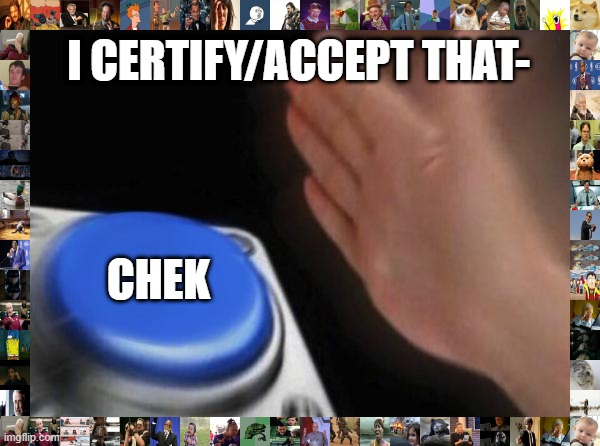 i certify | I CERTIFY/ACCEPT THAT-; CHEK | image tagged in memes,blank nut button | made w/ Imgflip meme maker
