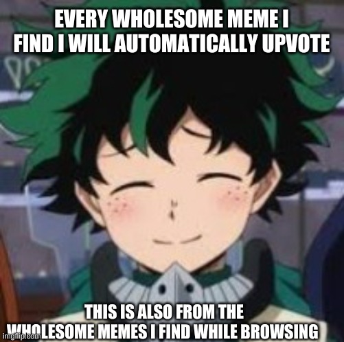 i need some wholesomeness in my life | EVERY WHOLESOME MEME I FIND I WILL AUTOMATICALLY UPVOTE; THIS IS ALSO FROM THE WHOLESOME MEMES I FIND WHILE BROWSING | image tagged in deku wholesome smile | made w/ Imgflip meme maker