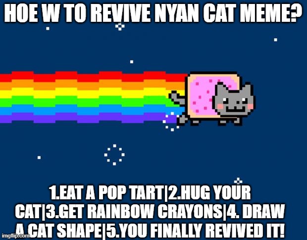 tutorial for reviving nyan cat meme | HOE W TO REVIVE NYAN CAT MEME? 1.EAT A POP TART|2.HUG YOUR CAT|3.GET RAINBOW CRAYONS|4. DRAW A CAT SHAPE|5.YOU FINALLY REVIVED IT! | image tagged in nyan cat,memes,revive a ded meme | made w/ Imgflip meme maker