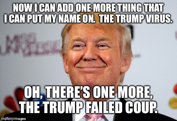 Donald trump approves | NOW I CAN ADD ONE MORE THING THAT I CAN PUT MY NAME ON.  THE TRUMP VIRUS. OH, THERE’S ONE MORE, THE TRUMP FAILED COUP. | image tagged in donald trump approves | made w/ Imgflip meme maker