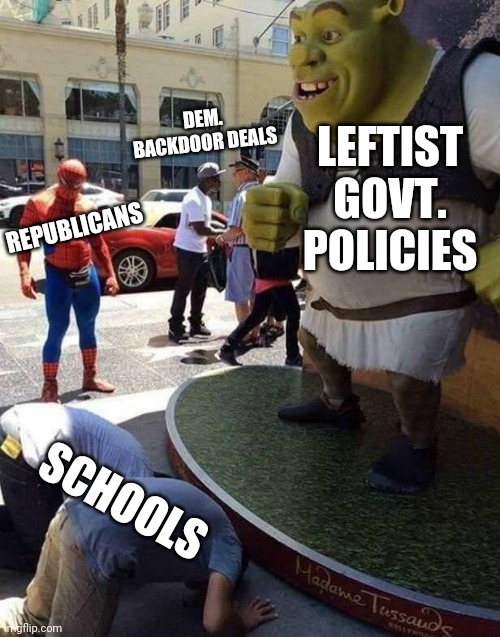 Bow Down | LEFTIST GOVT. POLICIES SCHOOLS REPUBLICANS DEM. BACKDOOR DEALS | image tagged in bow down | made w/ Imgflip meme maker