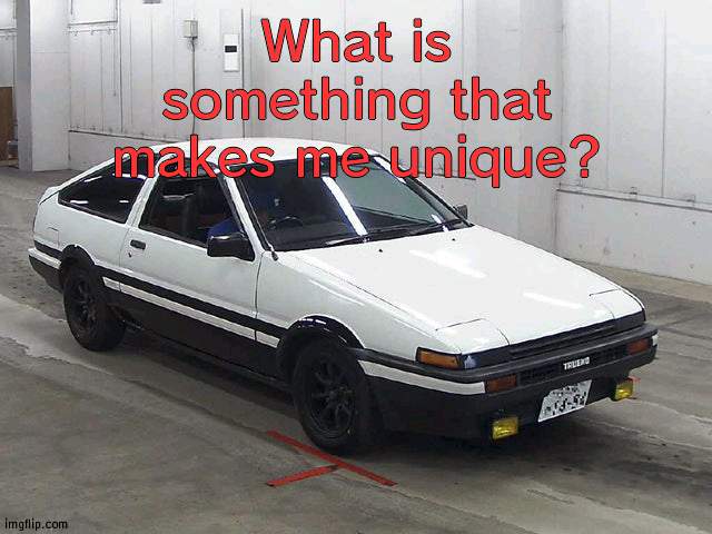 Toyota Sprinter Trueno GT-APEX | What is something that makes me unique? | image tagged in toyota sprinter trueno gt-apex | made w/ Imgflip meme maker