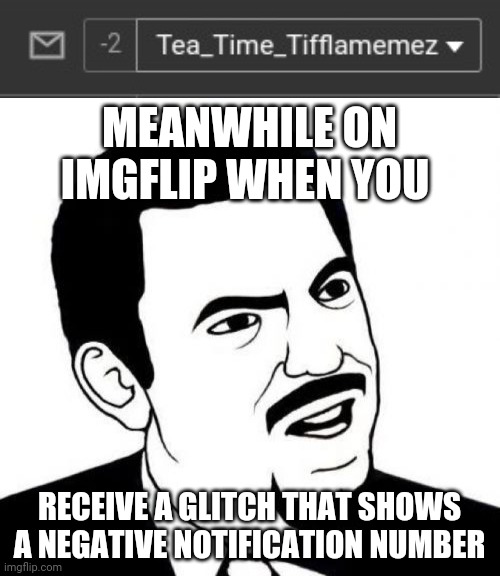 This happened to me last night. | MEANWHILE ON IMGFLIP WHEN YOU; RECEIVE A GLITCH THAT SHOWS A NEGATIVE NOTIFICATION NUMBER | image tagged in memes,seriously face,meme,notifications,imgflip,glitch | made w/ Imgflip meme maker