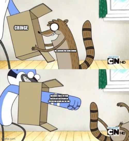 The internet today. SMH | CRINGE; ME, LOOKING FOR SOME CRINGE; THE NEWS THAT A 14 YEAR OLD KILLED HER DISABLED SISTER FOR VIEWS ON TIK TOK | image tagged in mordecai punches rigby through a box | made w/ Imgflip meme maker
