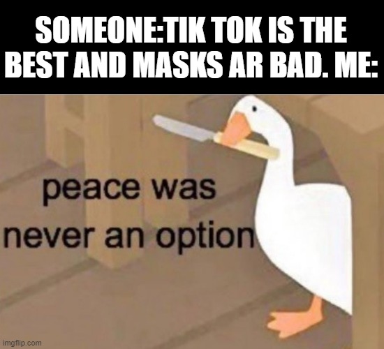 karens ar the same | SOMEONE:TIK TOK IS THE BEST AND MASKS AR BAD. ME: | image tagged in peace was never an option | made w/ Imgflip meme maker