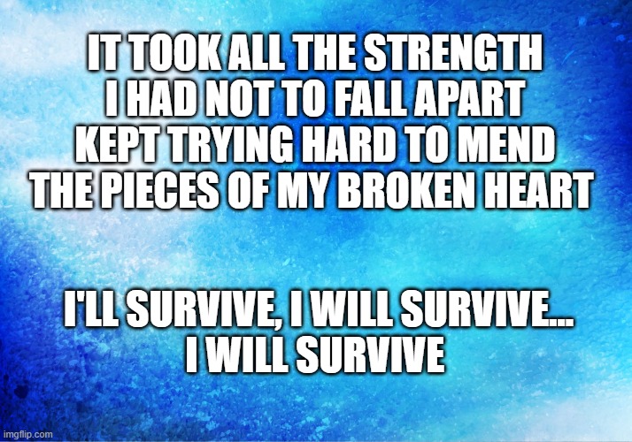 I Will Survive | IT TOOK ALL THE STRENGTH I HAD NOT TO FALL APART
KEPT TRYING HARD TO MEND
THE PIECES OF MY BROKEN HEART; I'LL SURVIVE, I WILL SURVIVE...
I WILL SURVIVE | image tagged in blue sky,survive,here lie my hopes and dreams,broken | made w/ Imgflip meme maker