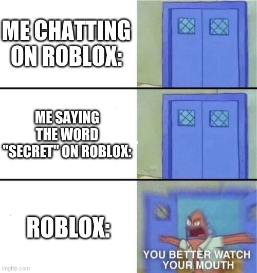 (read tags) | ME CHATTING ON ROBLOX:; ME SAYING THE WORD "SECRET" ON ROBLOX:; ROBLOX: | image tagged in you better watch your mouth,yes,it wil hashtag it,idk why,its lame | made w/ Imgflip meme maker