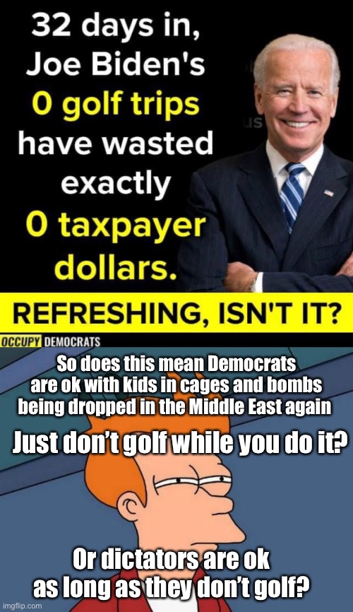 They only wanted a president that didn’t golf. | So does this mean Democrats are ok with kids in cages and bombs being dropped in the Middle East again; Just don’t golf while you do it? Or dictators are ok as long as they don’t golf? | image tagged in not sure if- fry,funny memes,joe biden,democrats,derp,dictator | made w/ Imgflip meme maker