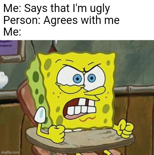 Me irl. |  Me: Says that I'm ugly
Person: Agrees with me
Me: | image tagged in pissed off spongebob,spongebob,ugly,memes,funny,relatable | made w/ Imgflip meme maker