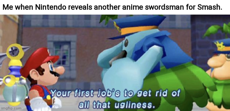 Agree with me? | Me when Nintendo reveals another anime swordsman for Smash. | image tagged in your first job is to get rid of all that one ugliness,mario,super smash bros,super mario sunshine,nintendo | made w/ Imgflip meme maker