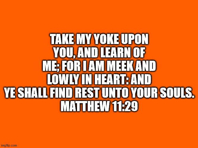 Bible Verse Matthew 11:29 | TAKE MY YOKE UPON YOU, AND LEARN OF ME; FOR I AM MEEK AND LOWLY IN HEART: AND YE SHALL FIND REST UNTO YOUR SOULS.
MATTHEW 11:29 | image tagged in bible verse,matthew 11-29 | made w/ Imgflip meme maker